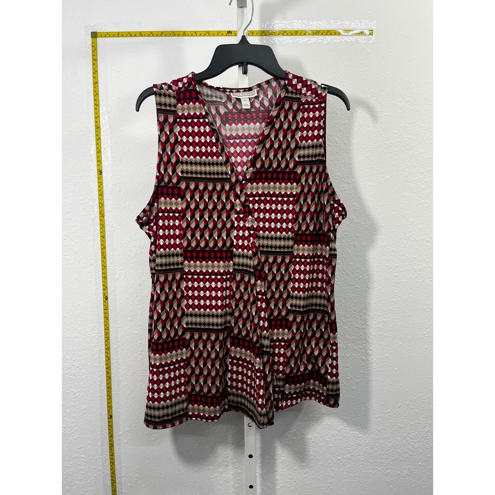 Dana Buchman Womens XL Red Geometric Diamond Print V-Neck Sleeveless Blouse Top